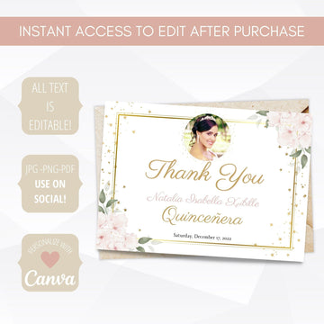 editable blush pink and gold floral thank you cards